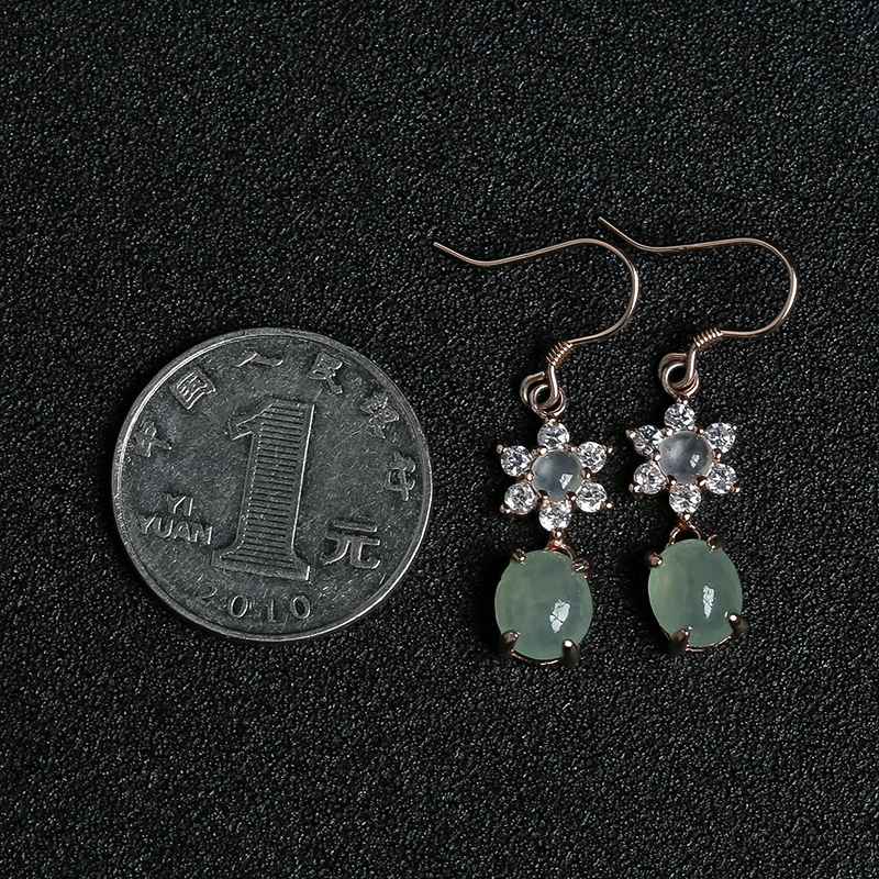 缅甸银镶冰种青绿翡翠耳坠-红掌柜