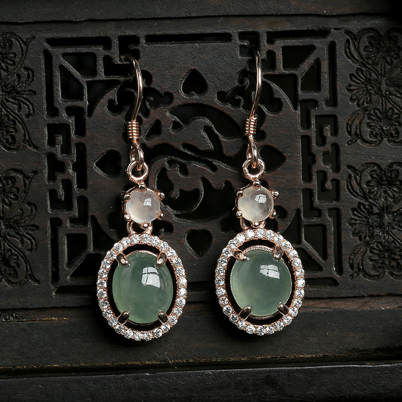 缅甸天然银镶冰种翡翠耳坠-红掌柜