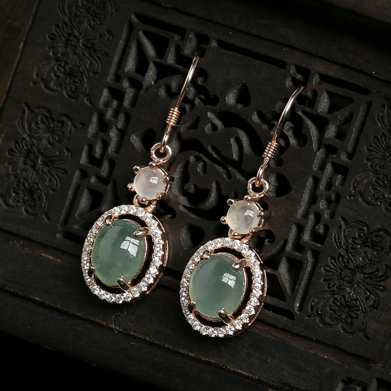 缅甸银镶冰种翡翠耳坠-红掌柜