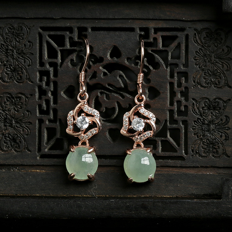 缅甸天然银镶冰种翠色翡翠耳坠-红掌柜