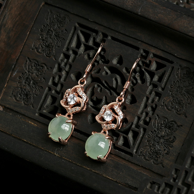 天然银镶冰种翠色翡翠耳坠-红掌柜