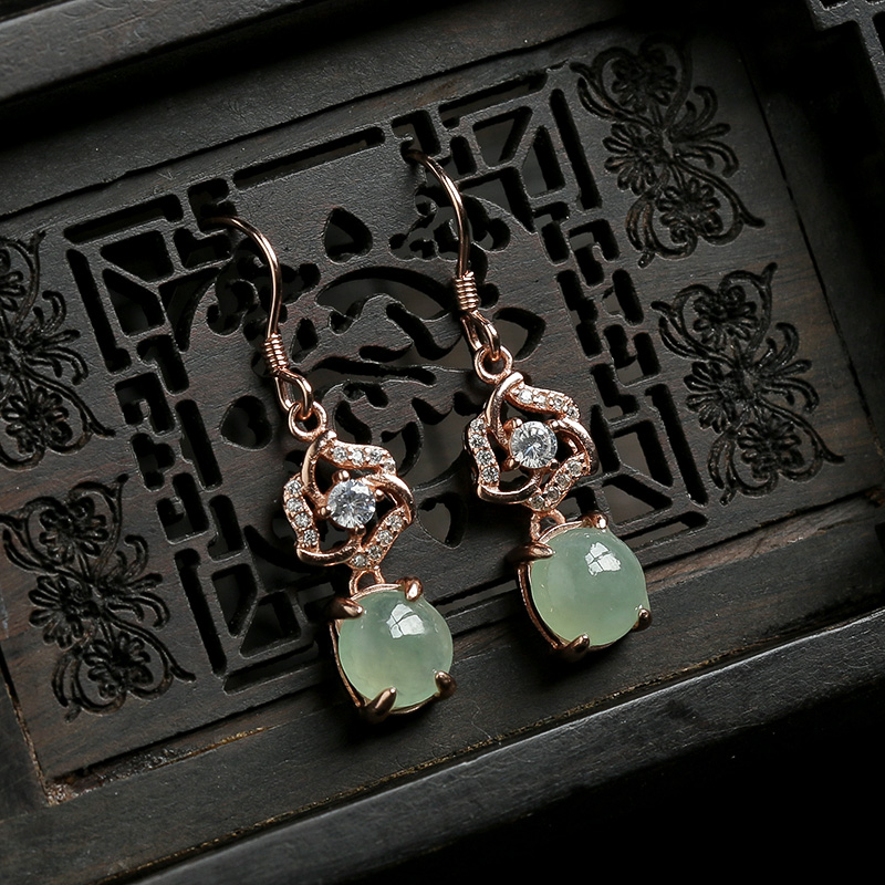 缅甸银镶冰种翠色翡翠耳坠-红掌柜