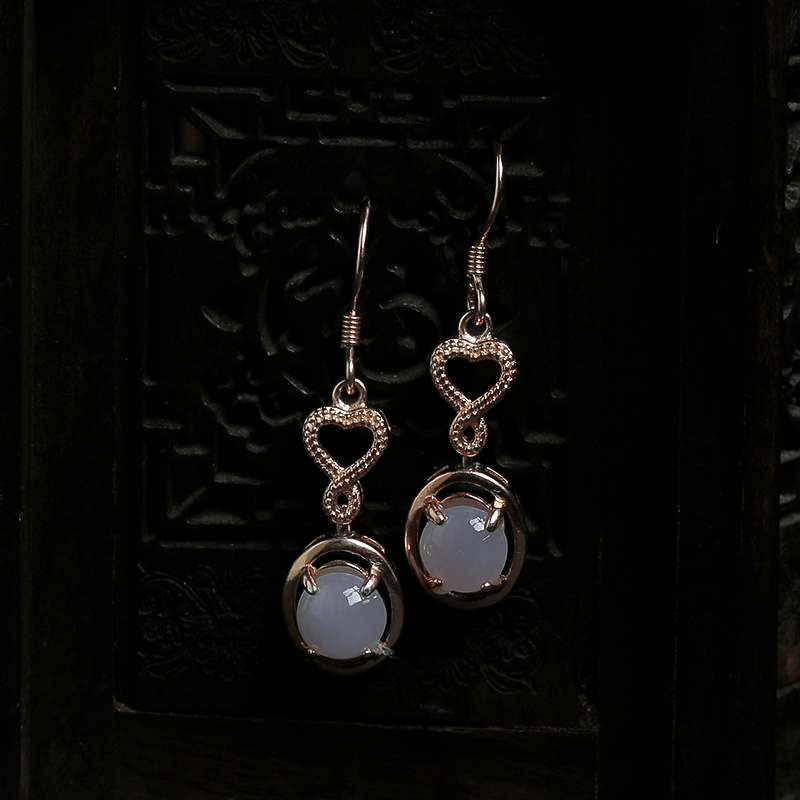缅甸银镶冰种淡紫色翡翠耳坠-红掌柜