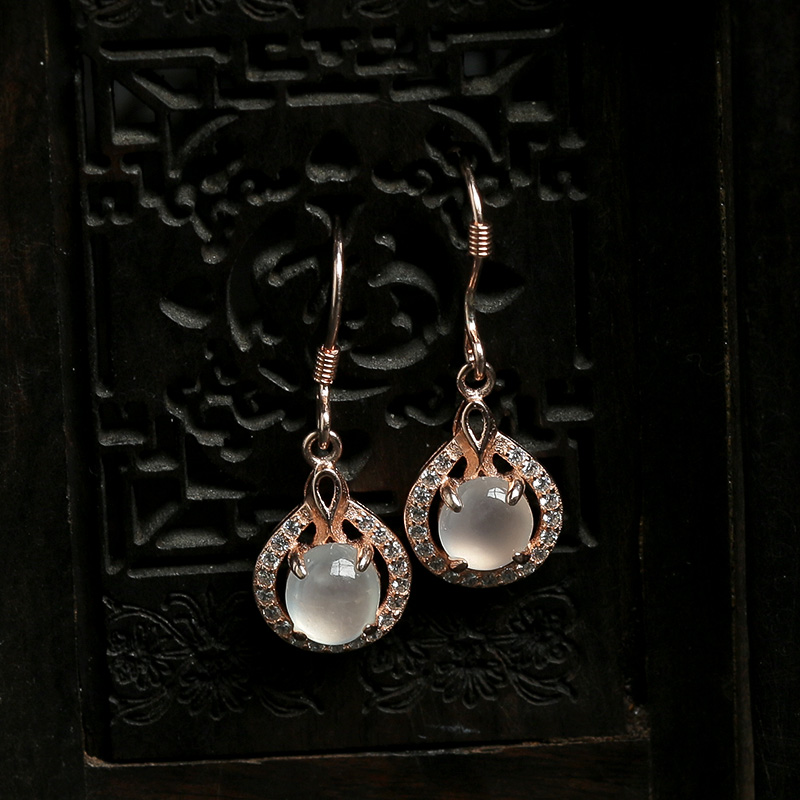 缅甸天然银镶冰种晴水翡翠耳坠-红掌柜