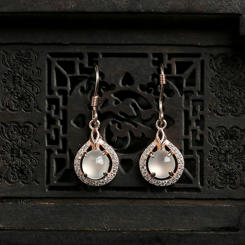 天然银镶冰种晴水翡翠耳坠-红掌柜