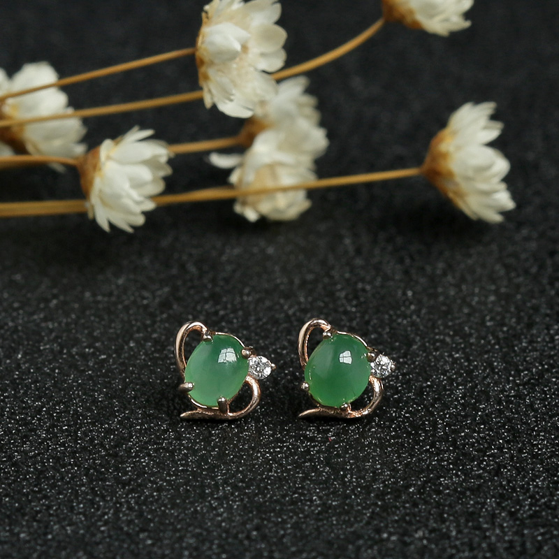 缅甸天然银镶冰种满绿翡翠耳钉-红掌柜