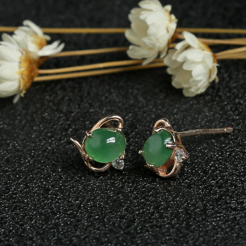 缅甸天然冰种满绿翡翠耳钉-红掌柜