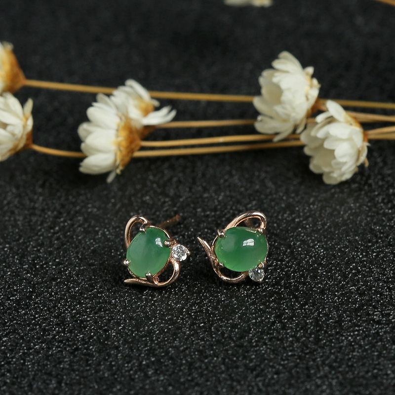 缅甸天然银镶满绿翡翠耳钉-红掌柜