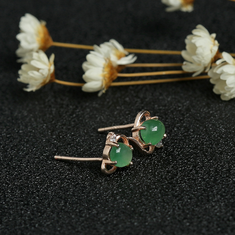 缅甸天然银镶冰种翡翠耳钉-红掌柜