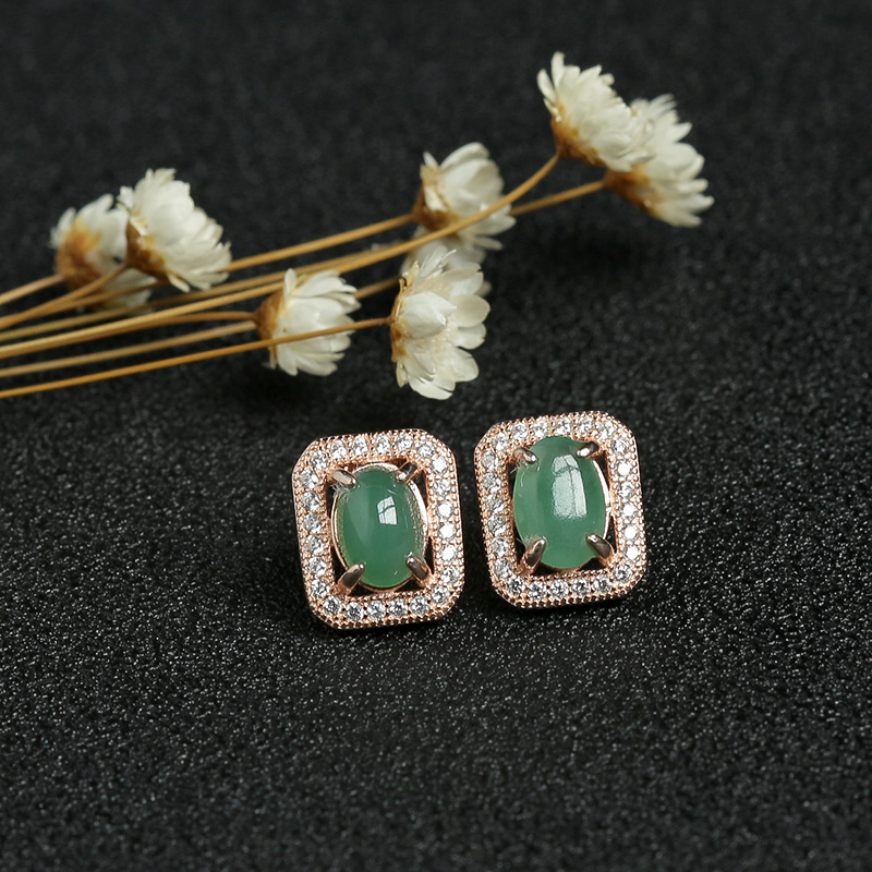 缅甸天然银镶冰种满绿翡翠耳钉-红掌柜