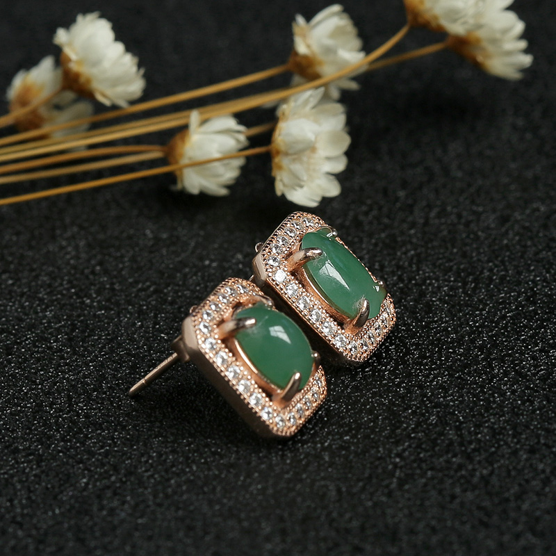 缅甸银镶冰种满绿翡翠耳钉-红掌柜