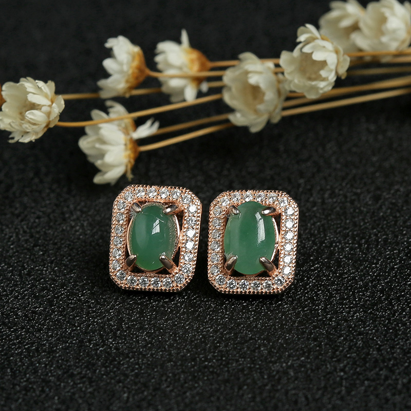 缅甸天然银镶冰种翡翠耳钉-红掌柜