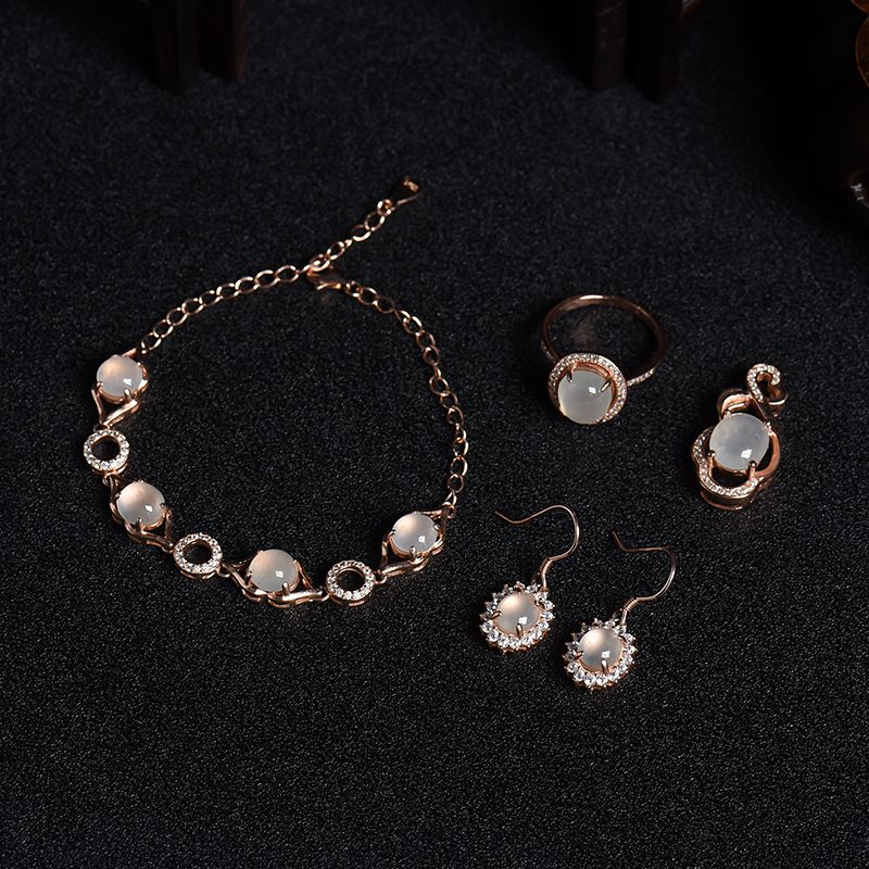 缅甸天然银镶冰种晴水翡翠套装-红掌柜