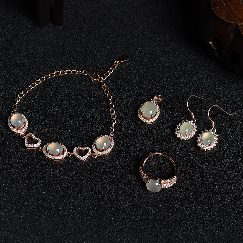 缅甸天然银镶冰种晴水翡翠四件套-红掌柜