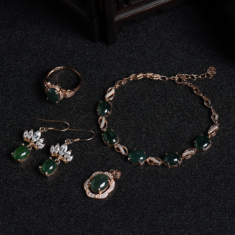 银镶缅甸天然冰种墨绿翡翠四件套-红掌柜