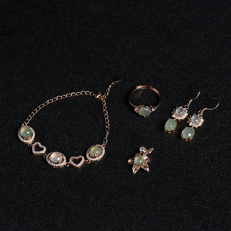 银镶缅甸天然冰种晴水翡翠四件套-红掌柜