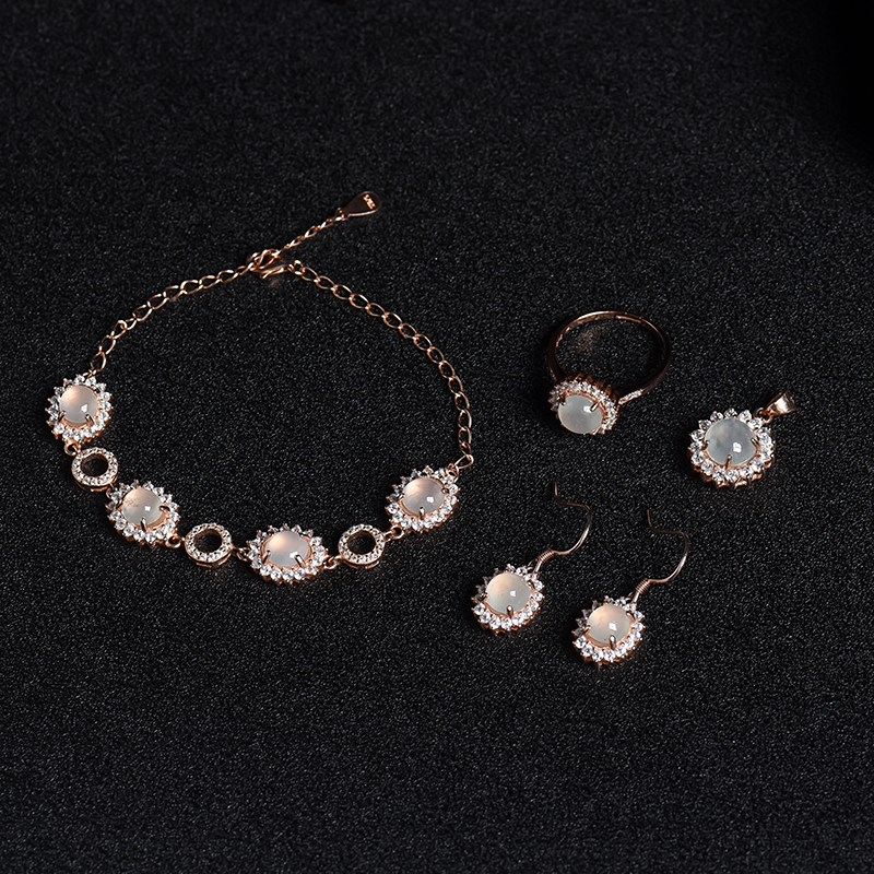 银镶缅甸天然冰种晴水翡翠四件套-红掌柜