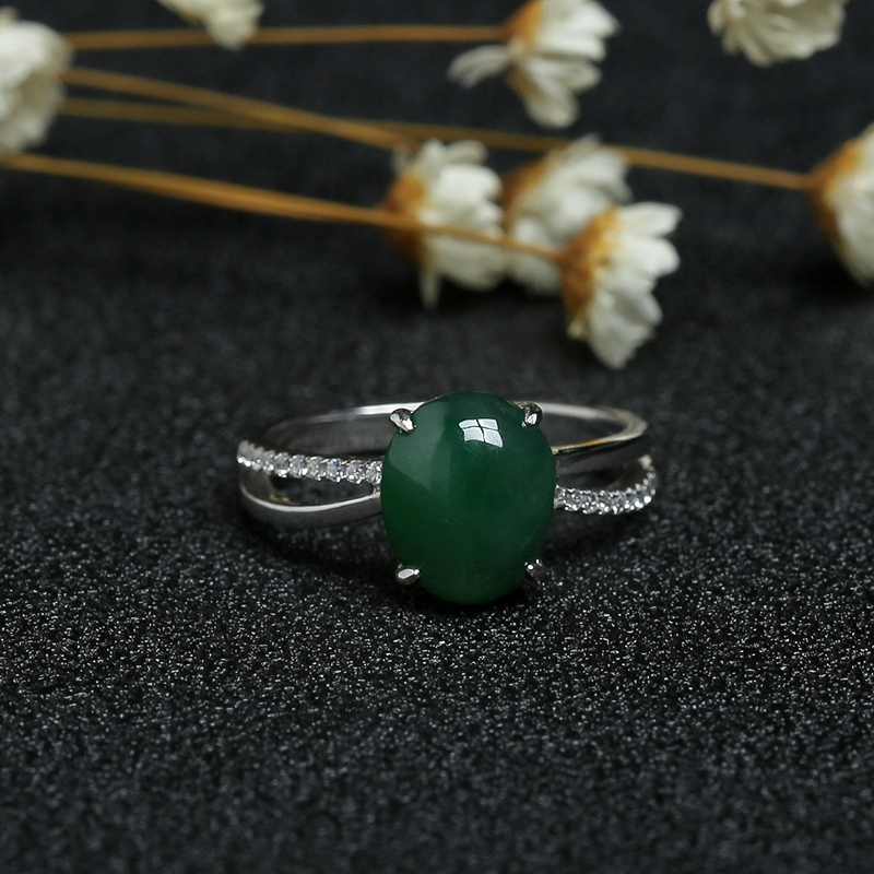 银镶冰糯种翠绿翡翠戒指-红掌柜