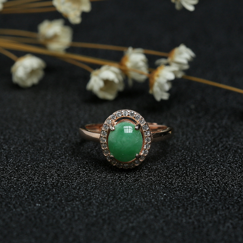银镶冰糯种翠绿翡翠戒指-红掌柜