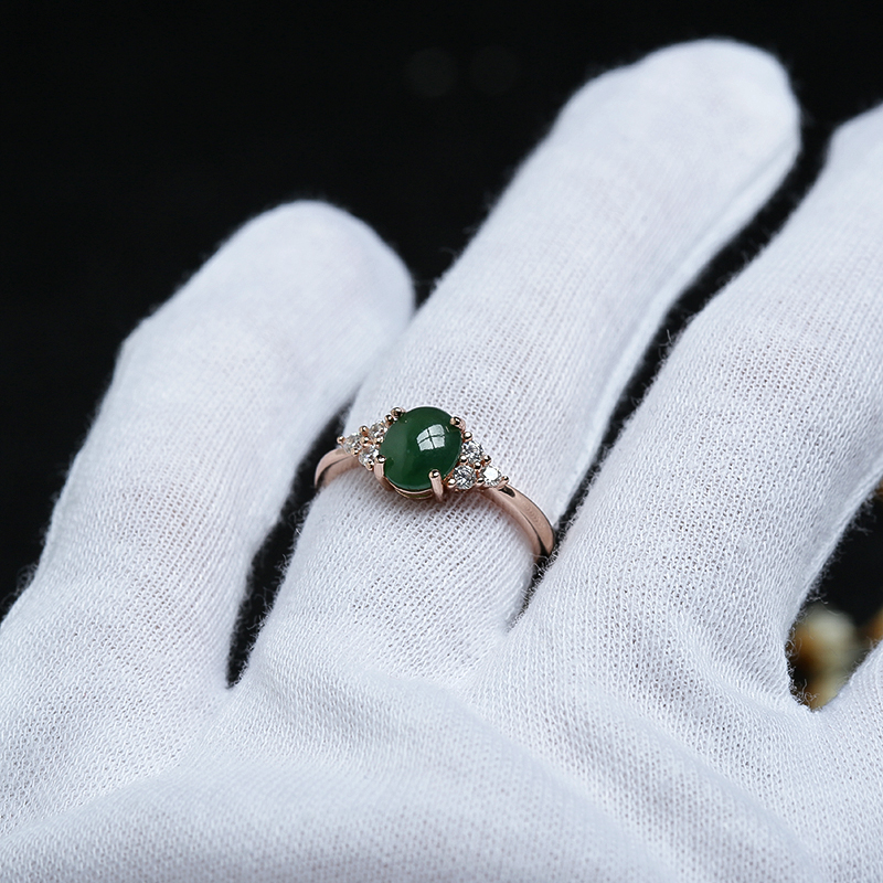 银镶冰糯种翠绿翡翠戒指-红掌柜