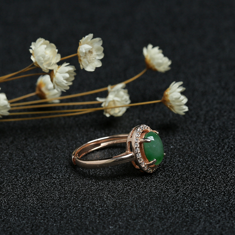 银镶缅甸冰糯种翠绿翡翠戒指-红掌柜