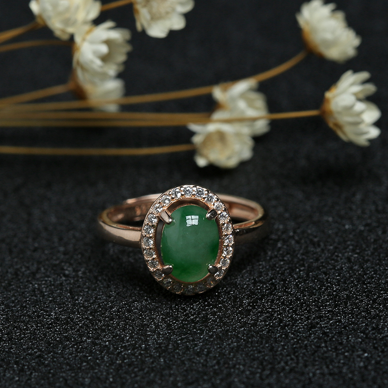 银镶缅甸天然翠绿翡翠戒指-红掌柜