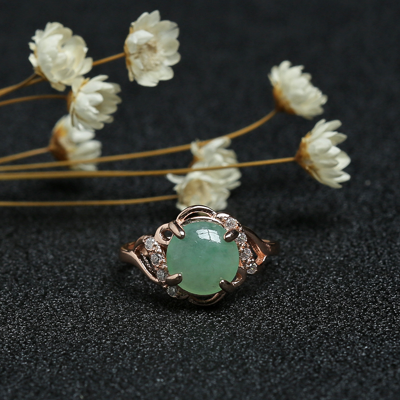 银镶缅甸天然冰糯种翠绿翡翠戒指-红掌柜