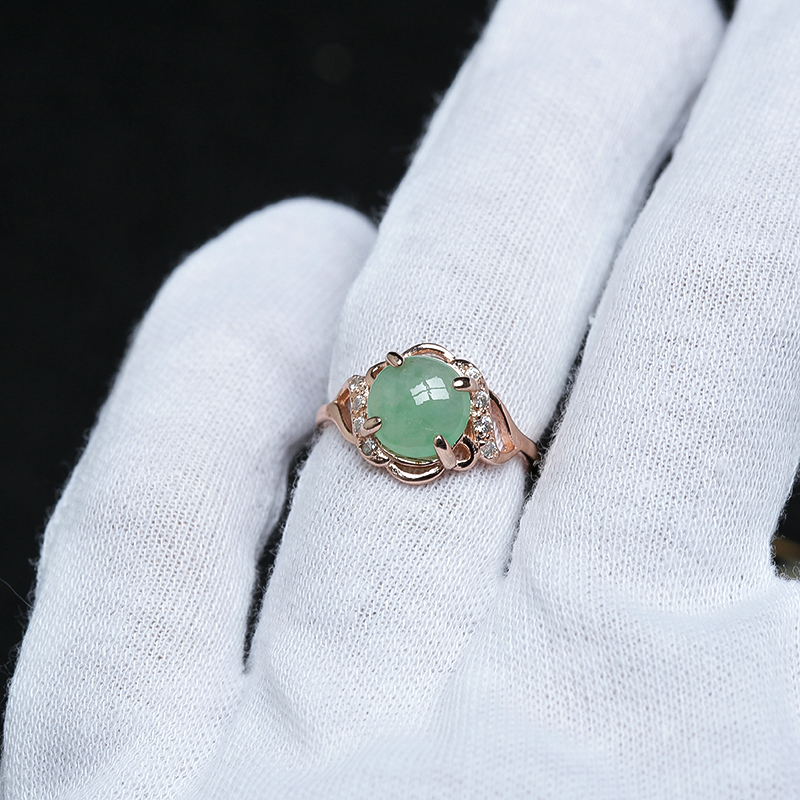 银镶冰糯种翠绿翡翠戒指-红掌柜