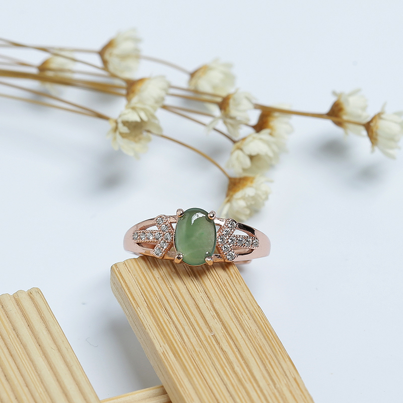 银镶冰糯种翠绿翡翠戒指-红掌柜