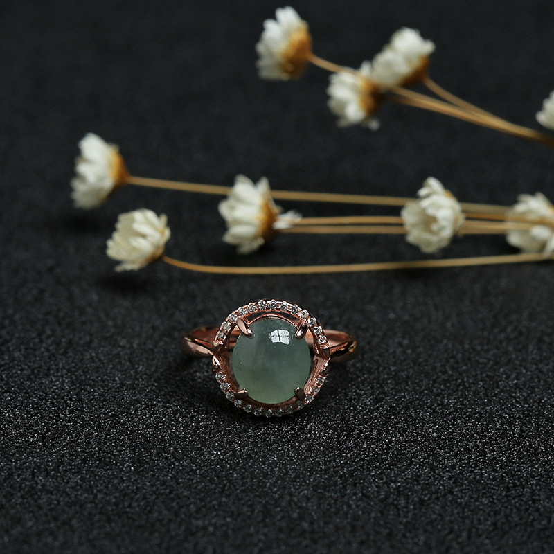 银镶缅甸天然冰糯种翠绿翡翠戒指-红掌柜