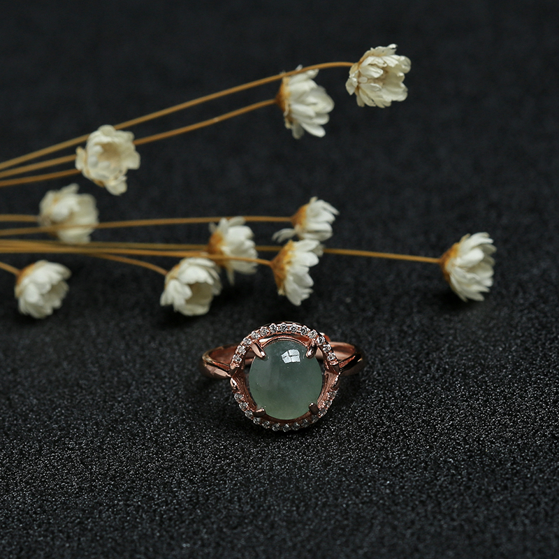 银镶缅甸天然冰糯种翡翠戒指-红掌柜