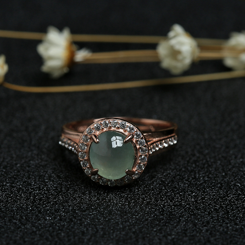 银镶缅甸天然翠绿翡翠戒指-红掌柜