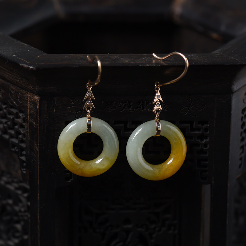 18K金镶缅甸天然豆种黄翡耳坠-红掌柜