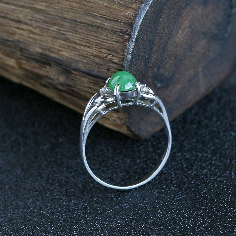 缅甸天然糯豆种绿色翡翠戒指-红掌柜
