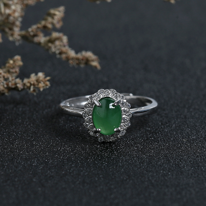 银镶冰种绿色翡翠戒指-红掌柜