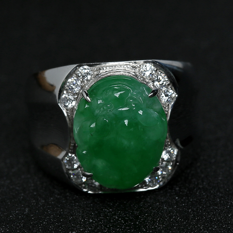 18K金镶钻糯种翡翠貔貅男戒-红掌柜