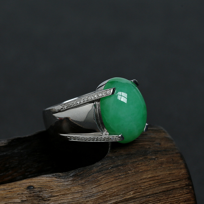 金镶钻糯种满绿翡翠男戒-红掌柜