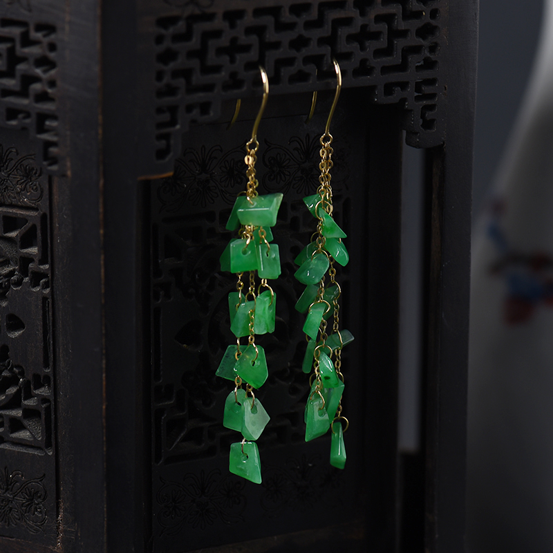 18k金镶满绿翡翠耳坠-红掌柜