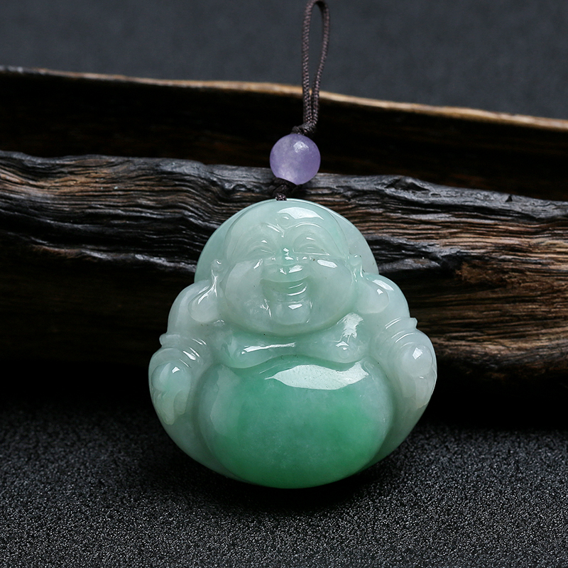 缅甸A货天然糯种飘绿翡翠弥勒佛吊坠 - 红掌柜