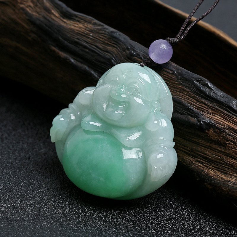 天然糯种飘绿翡翠弥勒佛吊坠 - 红掌柜