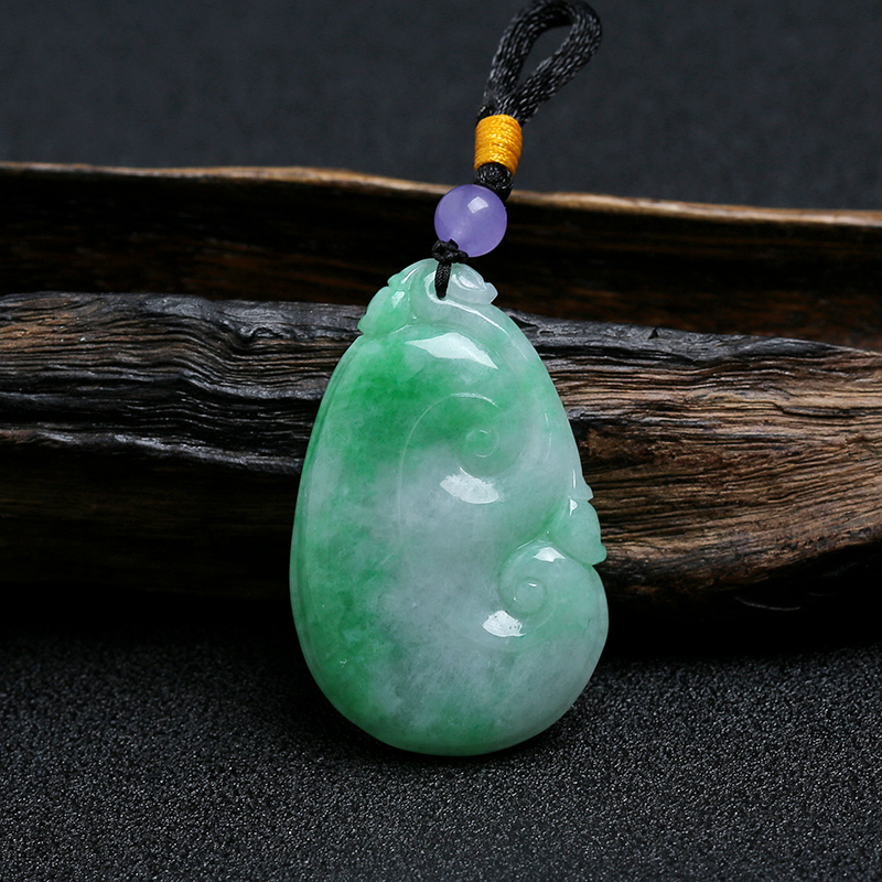 缅甸A货天然豆种飘绿翠色翡翠如意挂件 - 红掌柜