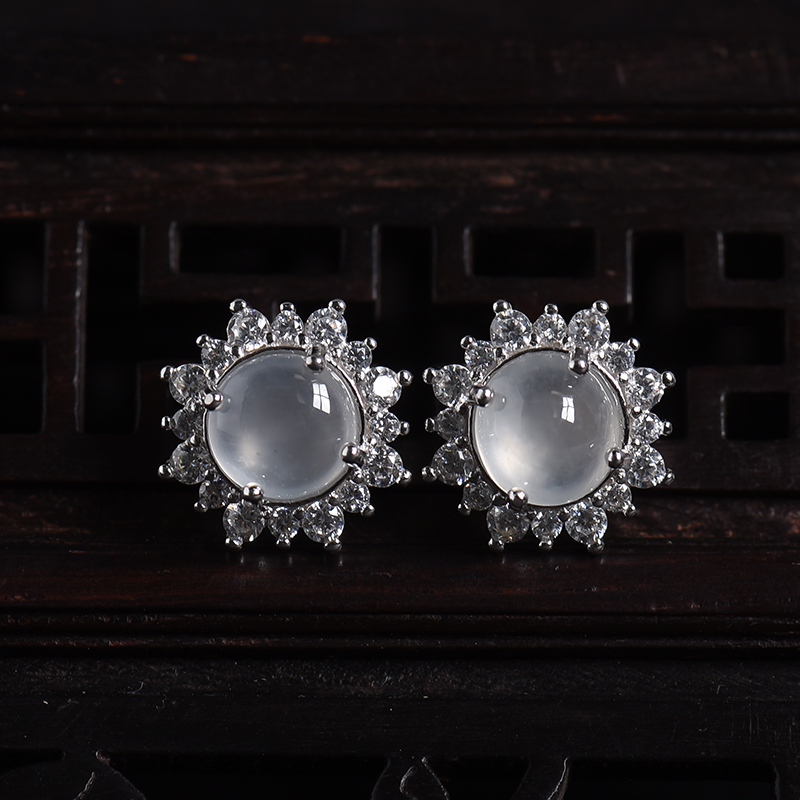 银镶冰种晴水翡翠耳钉-红掌柜