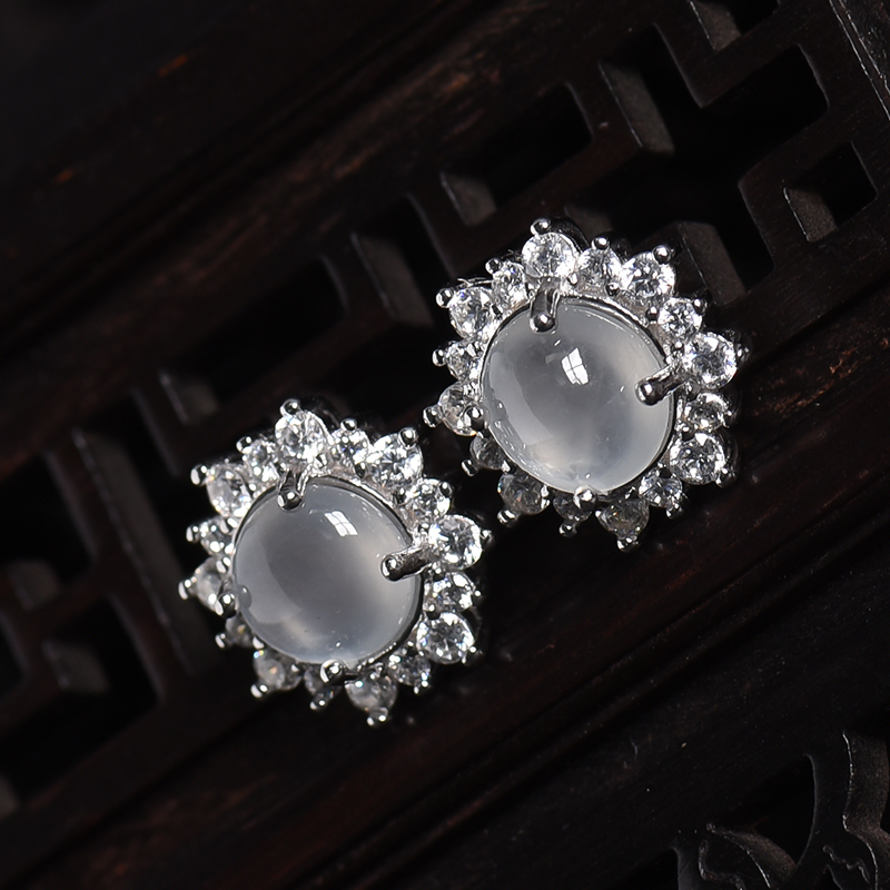 银镶冰种翡翠耳钉-红掌柜