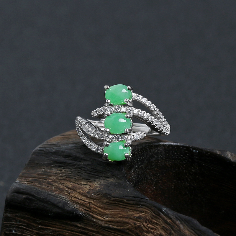 缅甸A货天然银镶糯冰种翠绿翡翠戒指 - 红掌柜