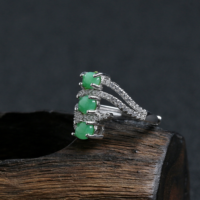 银镶糯冰种翠绿翡翠戒指 - 红掌柜