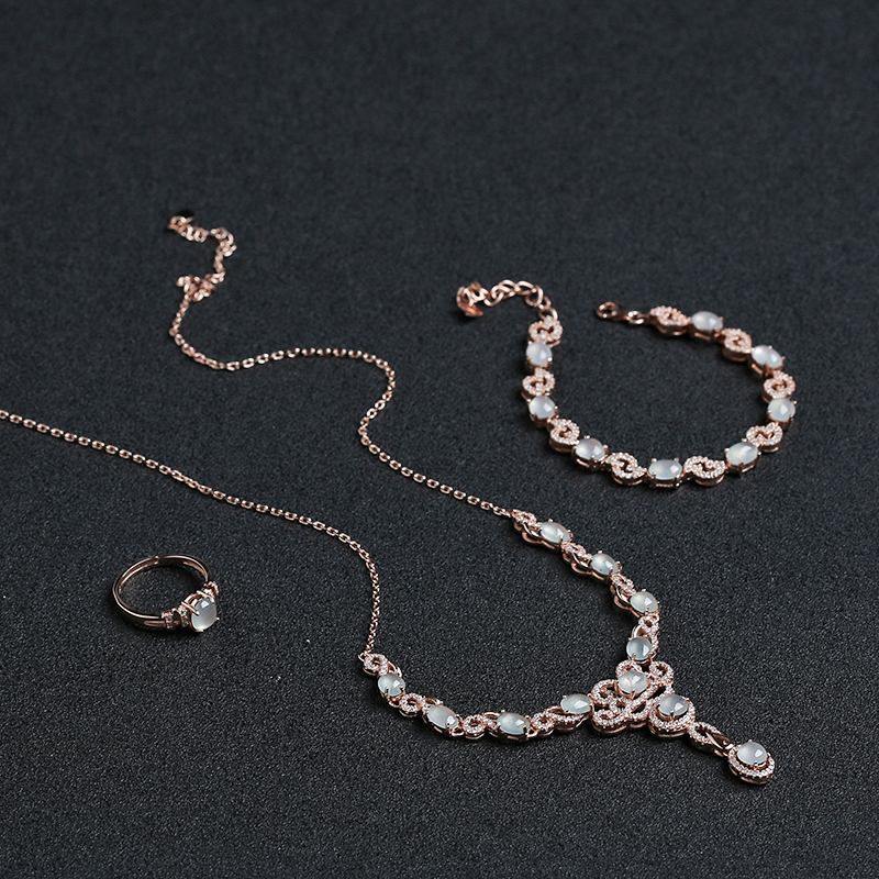 缅甸A货天然银镶冰种晴水翡翠套装 - 红掌柜