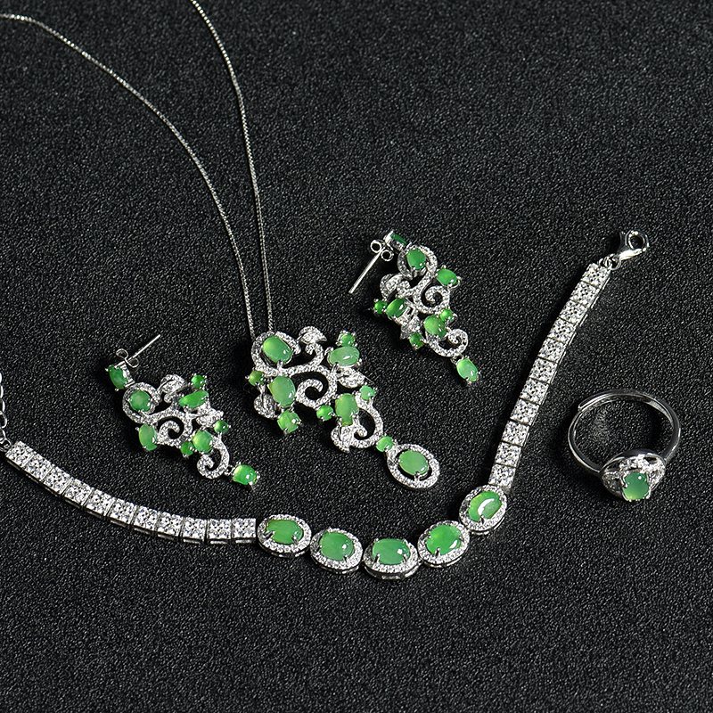 天然缅甸银镶冰种翠绿翡翠项链-红掌柜