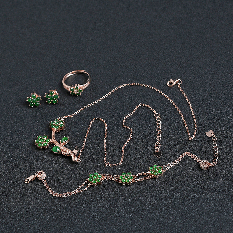 缅甸A货天然银镶冰种翠绿翡翠套装 - 红掌柜