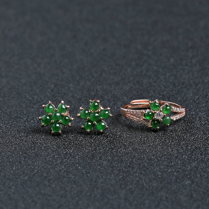 A货天然银镶冰种翠绿翡翠套装 - 红掌柜