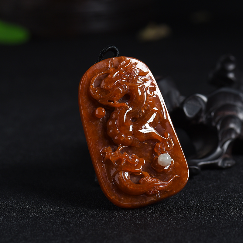 A货天然豆种黄翡龙牌挂件 - 红掌柜